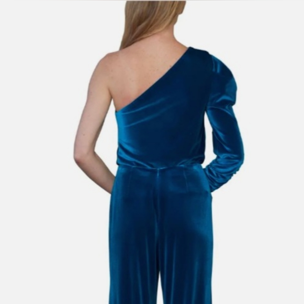 ML Monique Lhuillier One Shoulder Velvet Top Ruched Sleeve Blue Size S - Picture 4 of 15